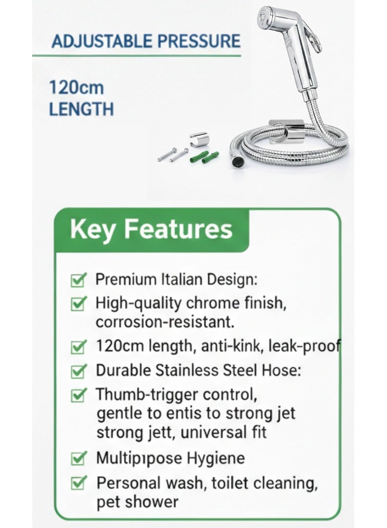 إيطاليان شٹاف بائیڈٹ سپرےر سیٹ – کروم فنش ہینڈ ہیلڈ سپرےر 120 سینٹی میٹر سٹینلیس سٹیل کی لچکدار نلی کے ساتھ، بائیڈٹ شٹاف سیٹ، ہینڈ ہیلڈ ٹوائلٹ سپرےر سایڈست پریشر کے ساتھ، ذاتی حفظان صحت اور صفائی کے لیے وال ماؤنٹ، مسلم شاور بائیڈٹ سپرے سیٹ - Image 4